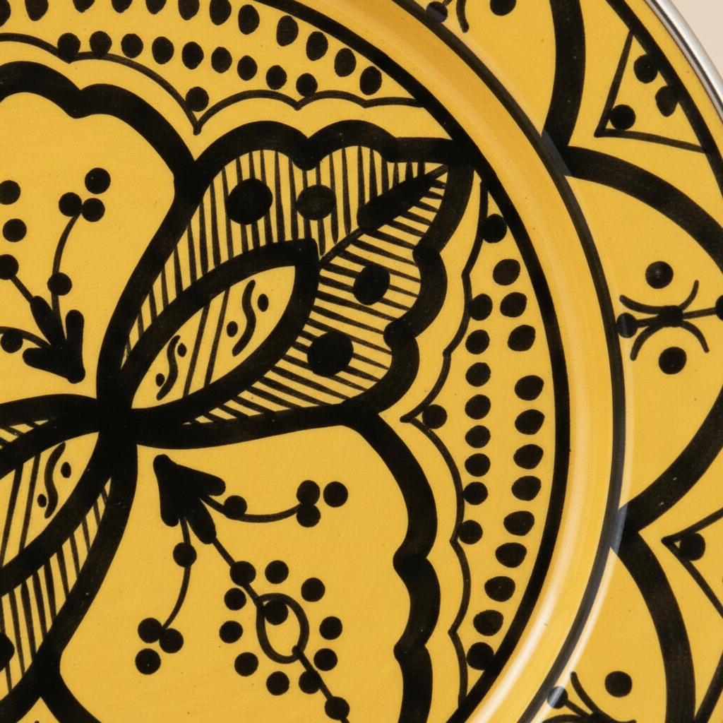 Saffron Yellow and Black Moroccan Ceramic Plate - close-up detail