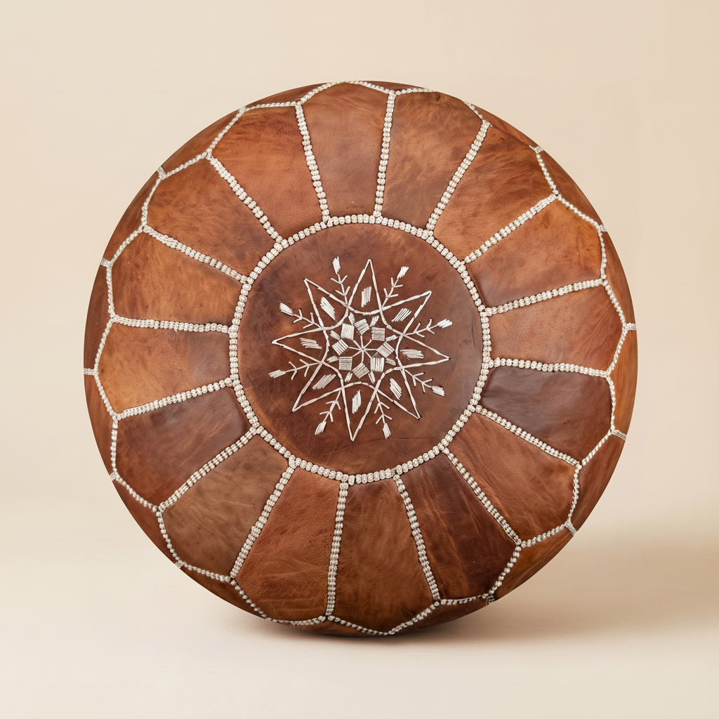 Classic Brown Moroccan Leather Pouf - top-down view