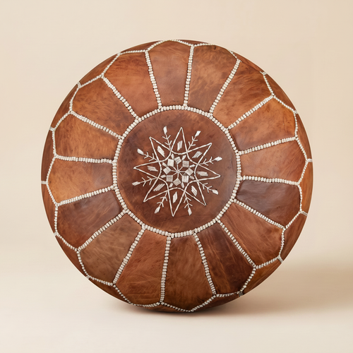 Classic Brown Moroccan Leather Pouf - top-down view