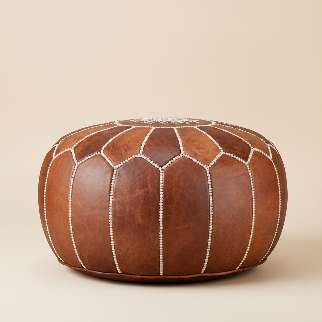 Classic Brown Moroccan Leather Pouf - side profile