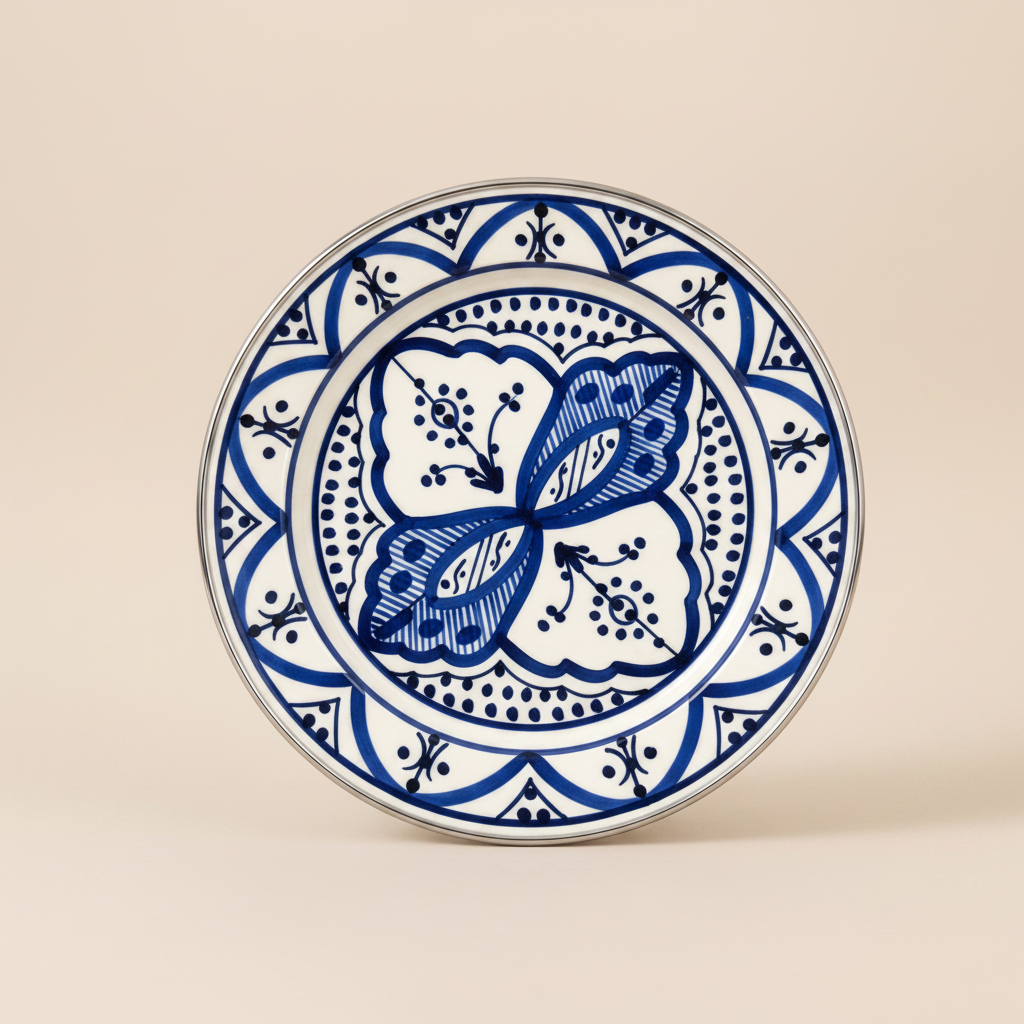 Moroccan ceramic plate cobalt blue zellige pattern front view