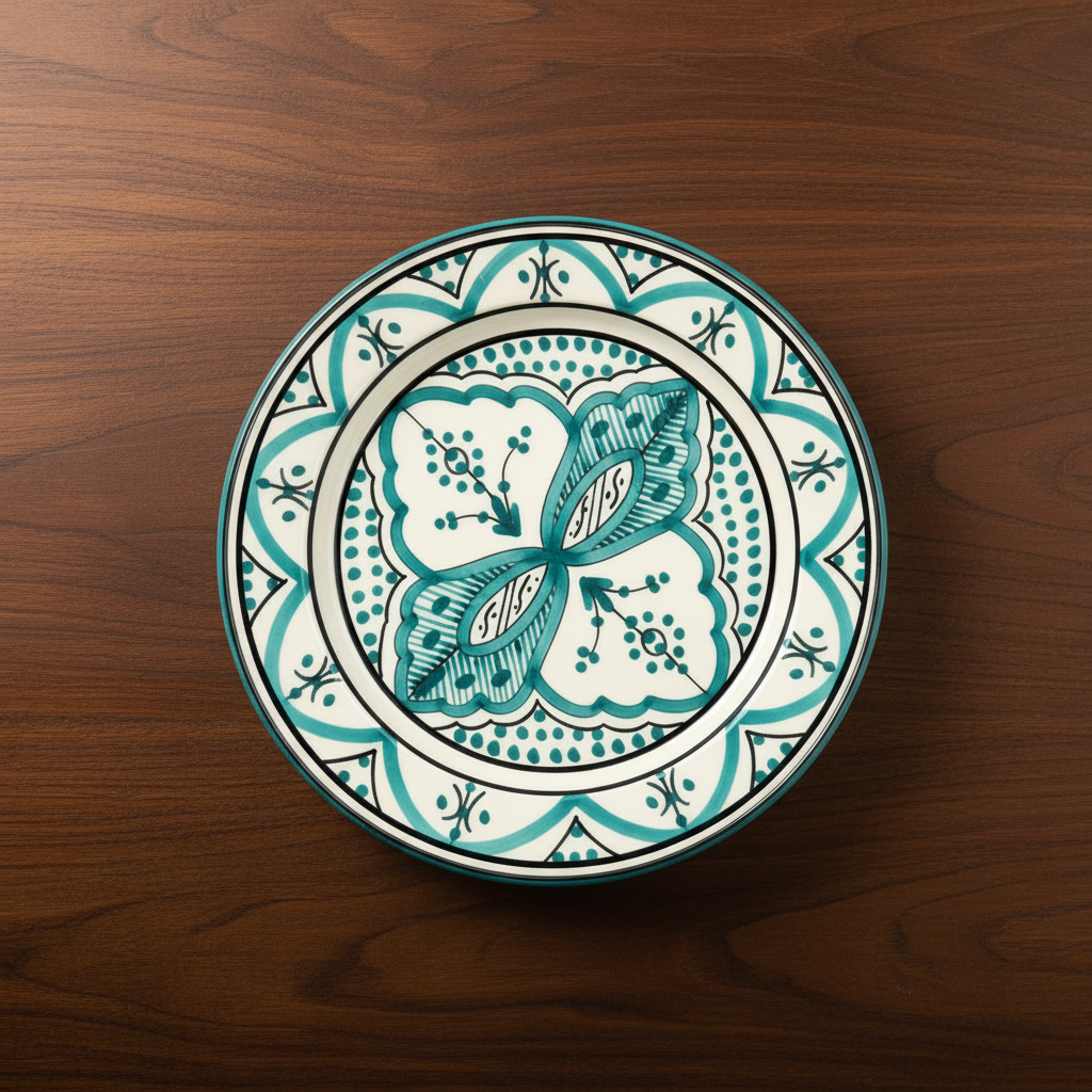 Turquoise and White Moroccan Ceramic Plate - top-down view