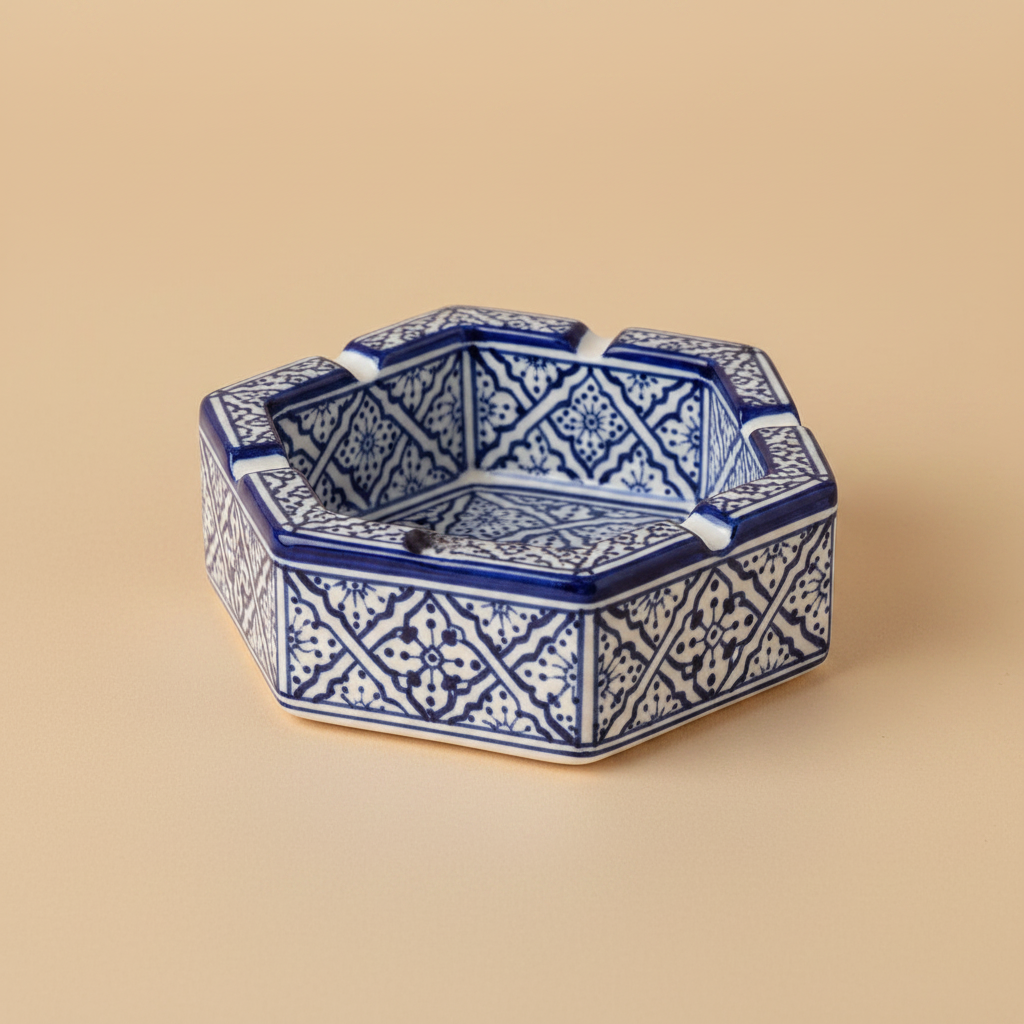 Moroccan ceramic ashtray cobalt blue zellige side view