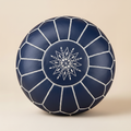 Authentic Moroccan Leather Pouf in Classic Navy Blue with hand-stitched geometric embroidery