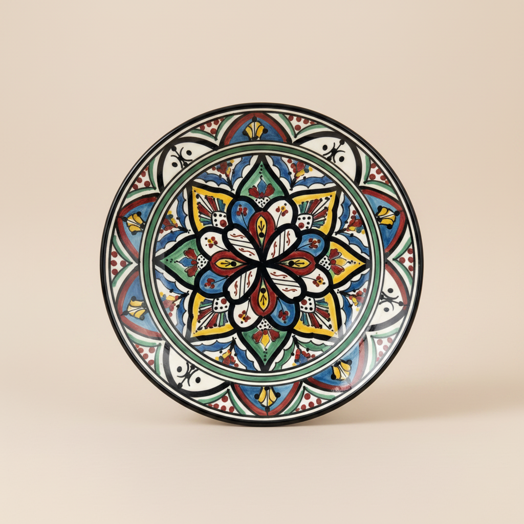 Multicolor Berber Moroccan Ceramic Decorative Plate with tribal geometric pattern, handmade in Safi