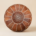 Authentic Moroccan Leather Pouf in Classic Camel with hand-stitched geometric embroidery