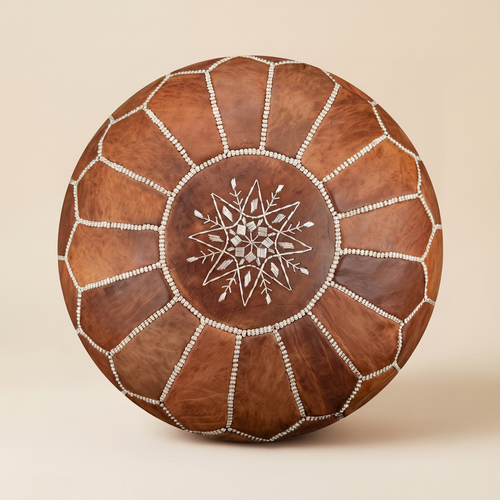 Authentic Moroccan Leather Pouf in Classic Camel with hand-stitched geometric embroidery