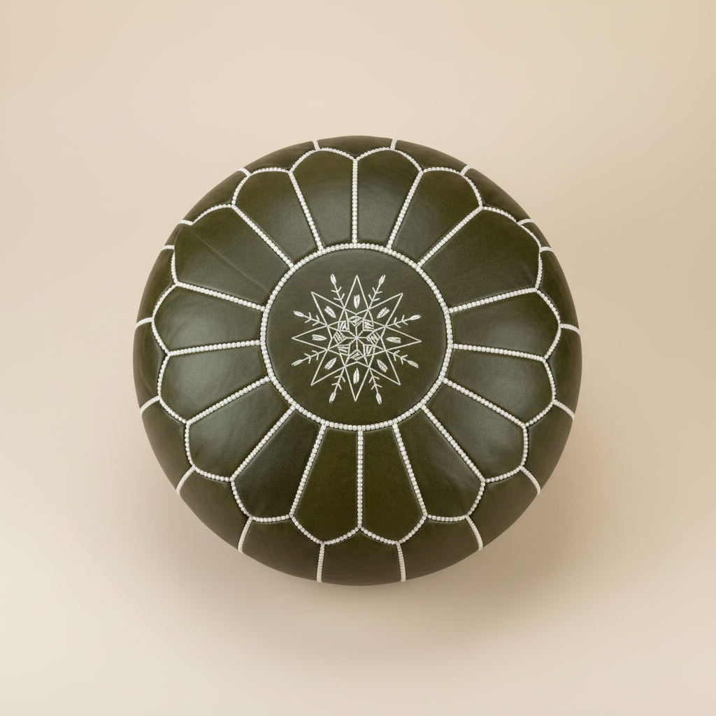 Classic Olive Green Moroccan Leather Pouf - top-down view