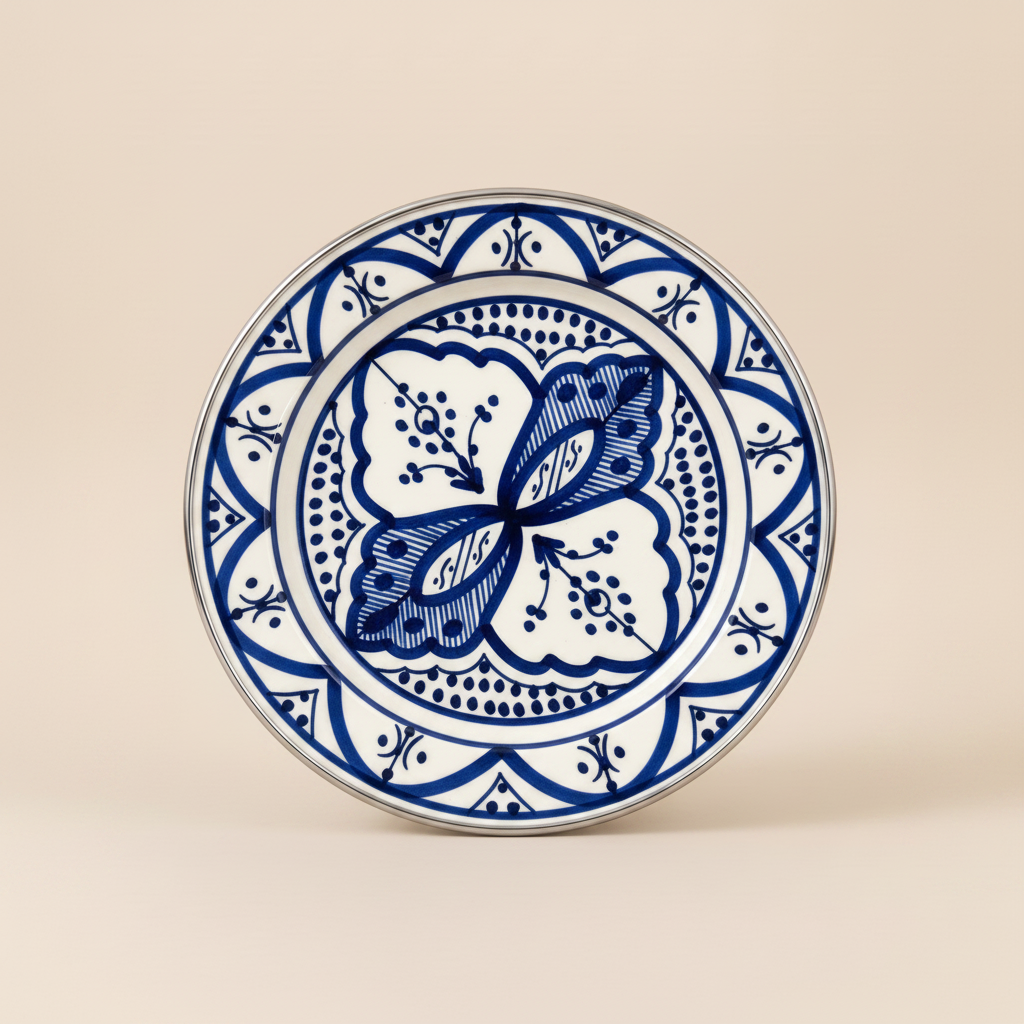 Moroccan ceramic plate cobalt blue zellige pattern overhead view