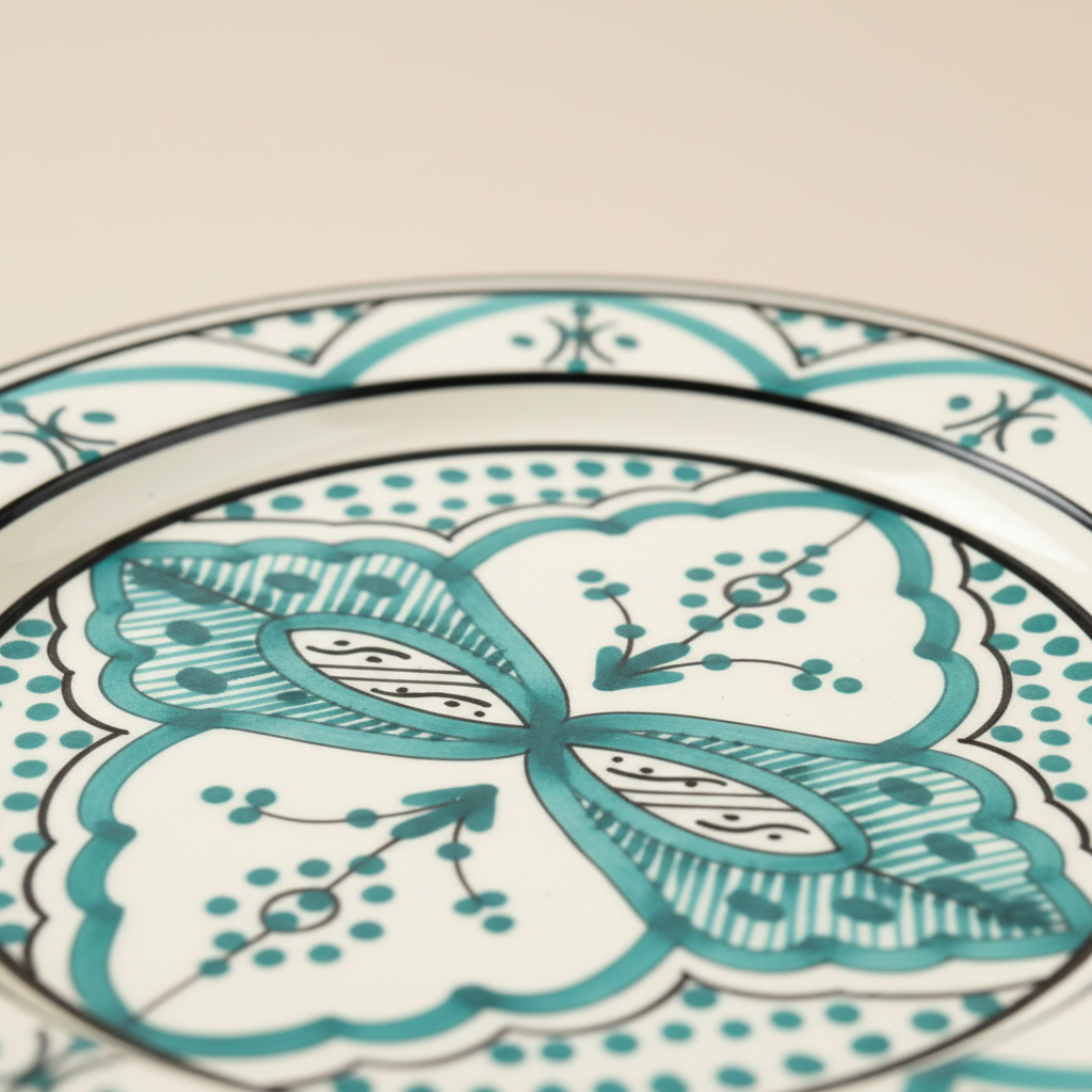 Turquoise and White Moroccan Ceramic Plate - close-up detail