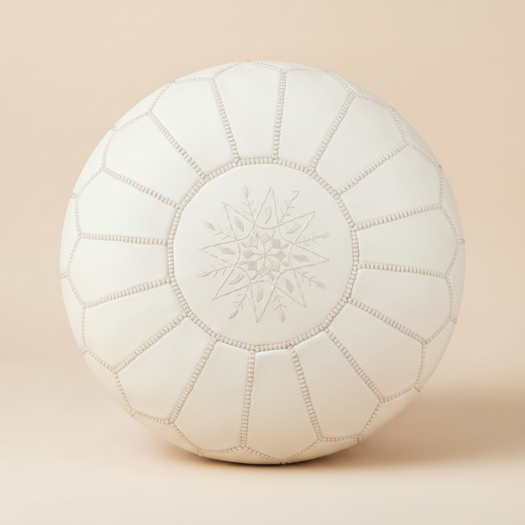 Classic White Moroccan Leather Pouf - top-down view