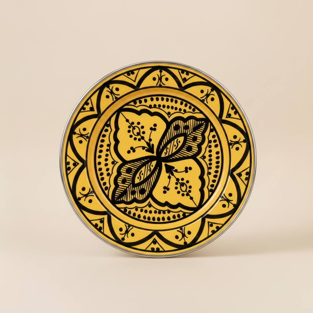 Saffron Yellow and Black Moroccan Ceramic Plate - top-down view