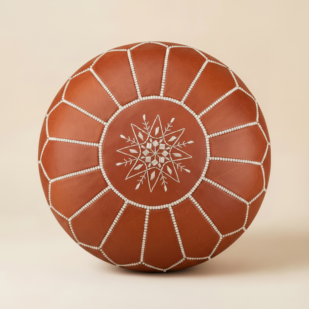 Classic Terracotta Moroccan Leather Pouf - top-down view