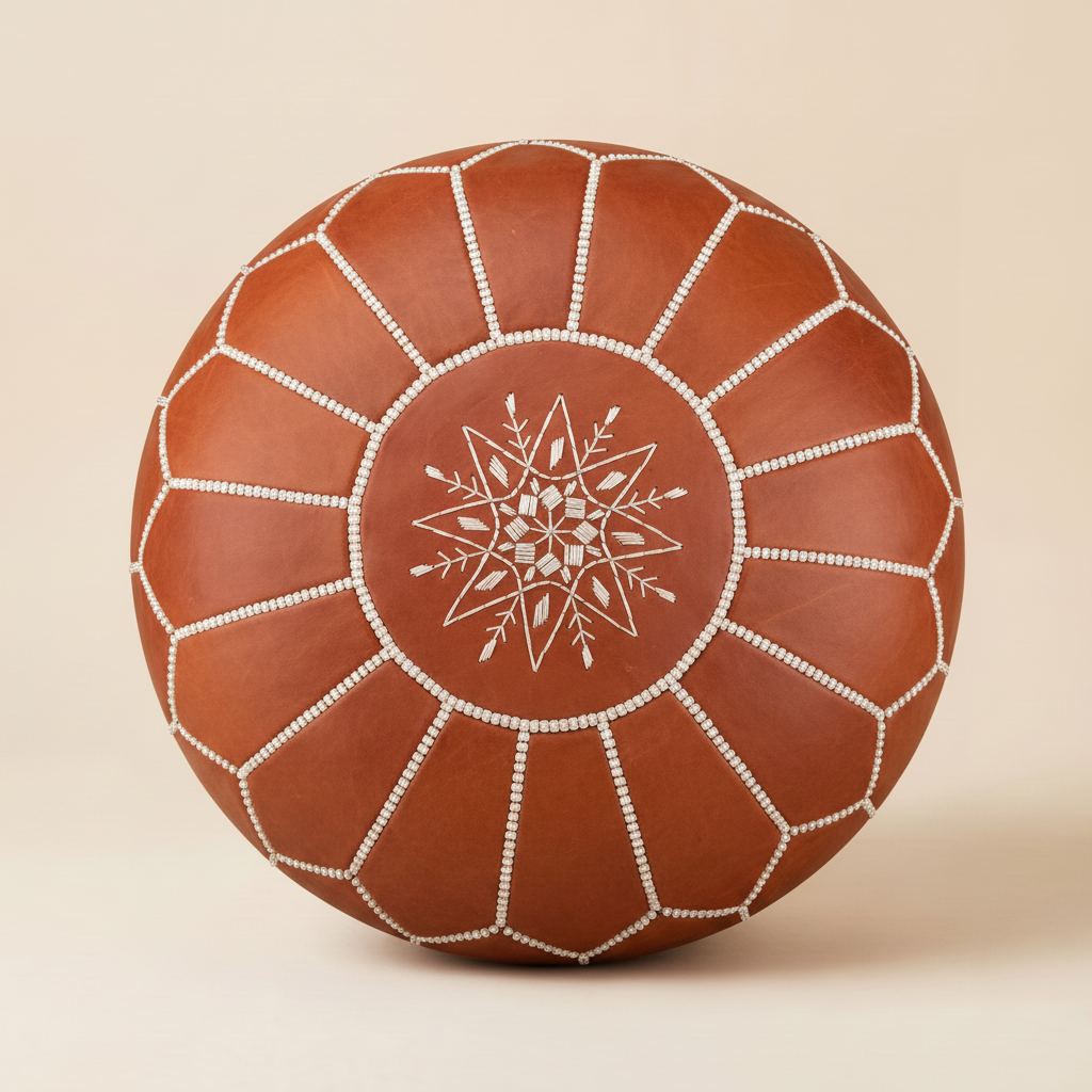 Authentic Moroccan Leather Pouf in Classic Terracotta with hand-stitched geometric embroidery